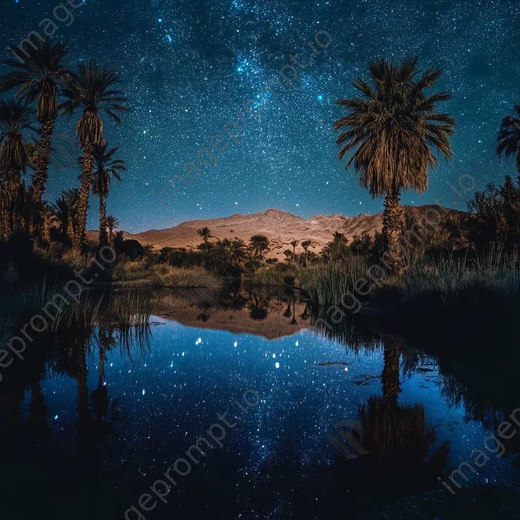 Serene desert oasis reflecting stars with palm trees at night. - Image 2