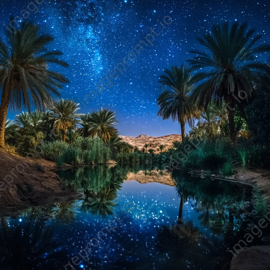 Serene desert oasis reflecting stars with palm trees at night. - Image 3