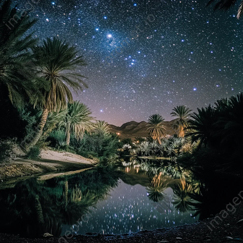 Serene desert oasis reflecting stars with palm trees at night. - Image 4