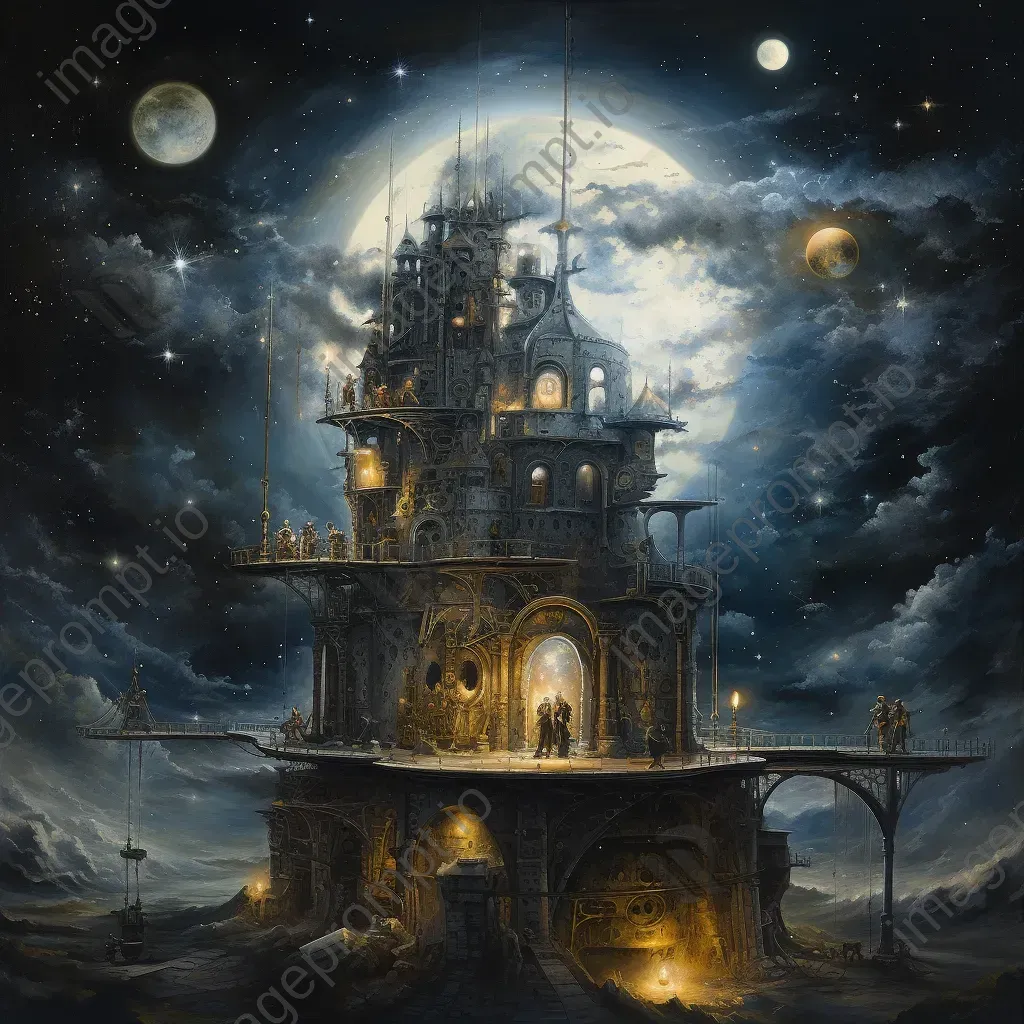 Oil painted steampunk-style cosmic observatory against the backdrop of a starry nebula - Image 1