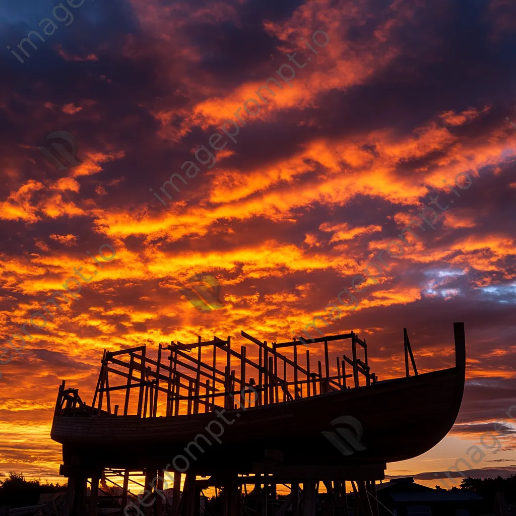 Silhouette of a wooden boat under construction at sunset - Image 1