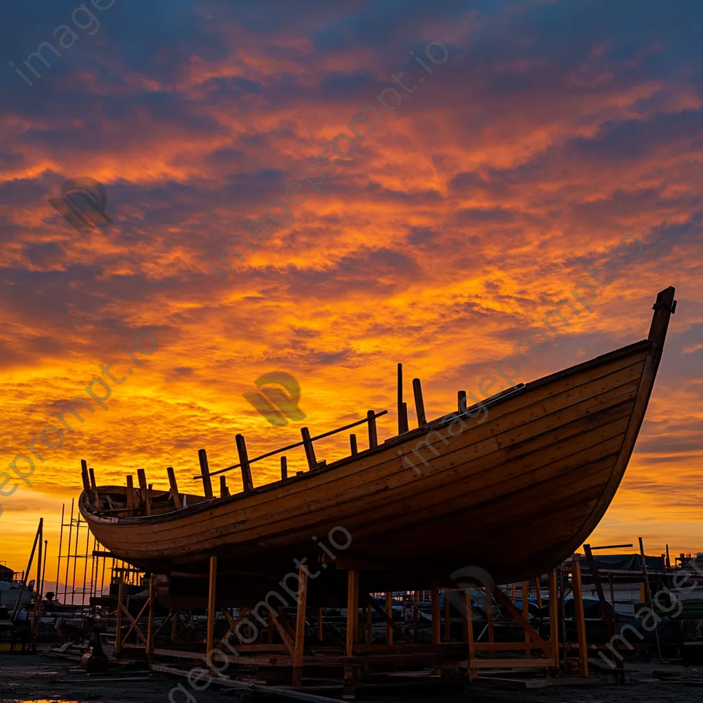 Silhouette of a wooden boat under construction at sunset - Image 2