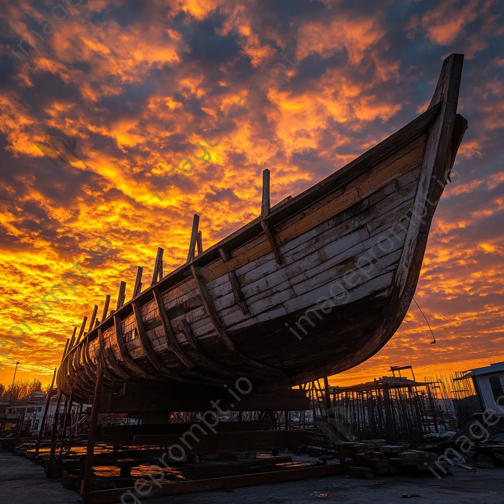 Silhouette of a wooden boat under construction at sunset - Image 4