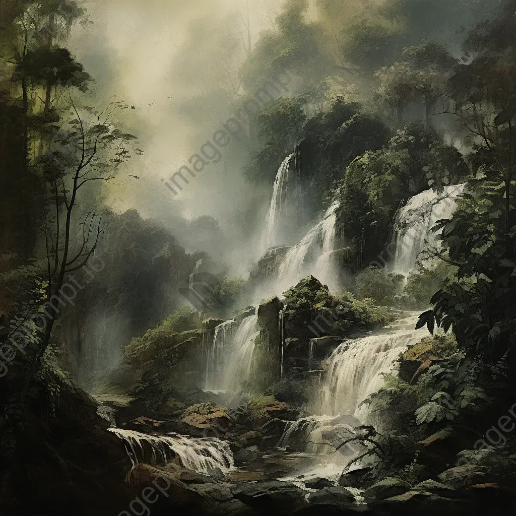 Lush forest waterfall sketched using crushed rock dust, giving off Romanticism vibes - Image 1