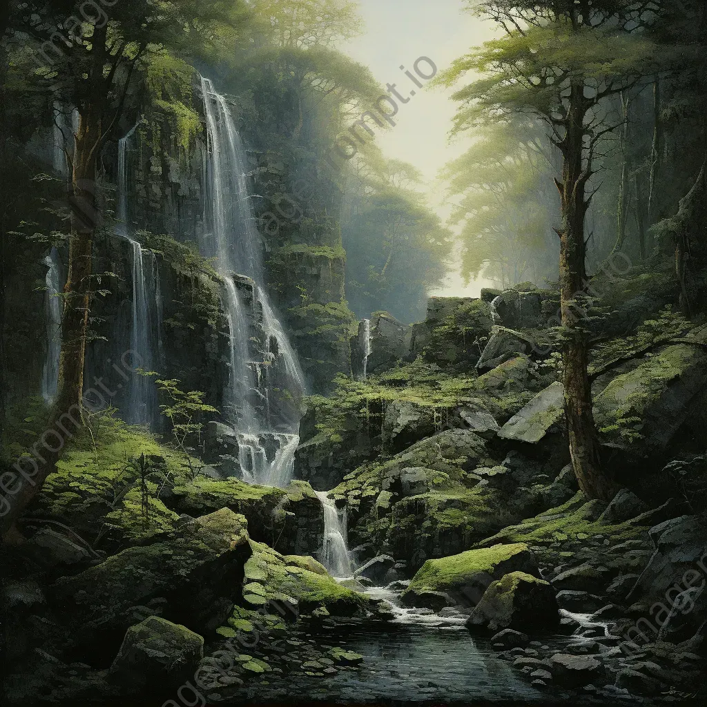 Lush forest waterfall sketched using crushed rock dust, giving off Romanticism vibes - Image 2