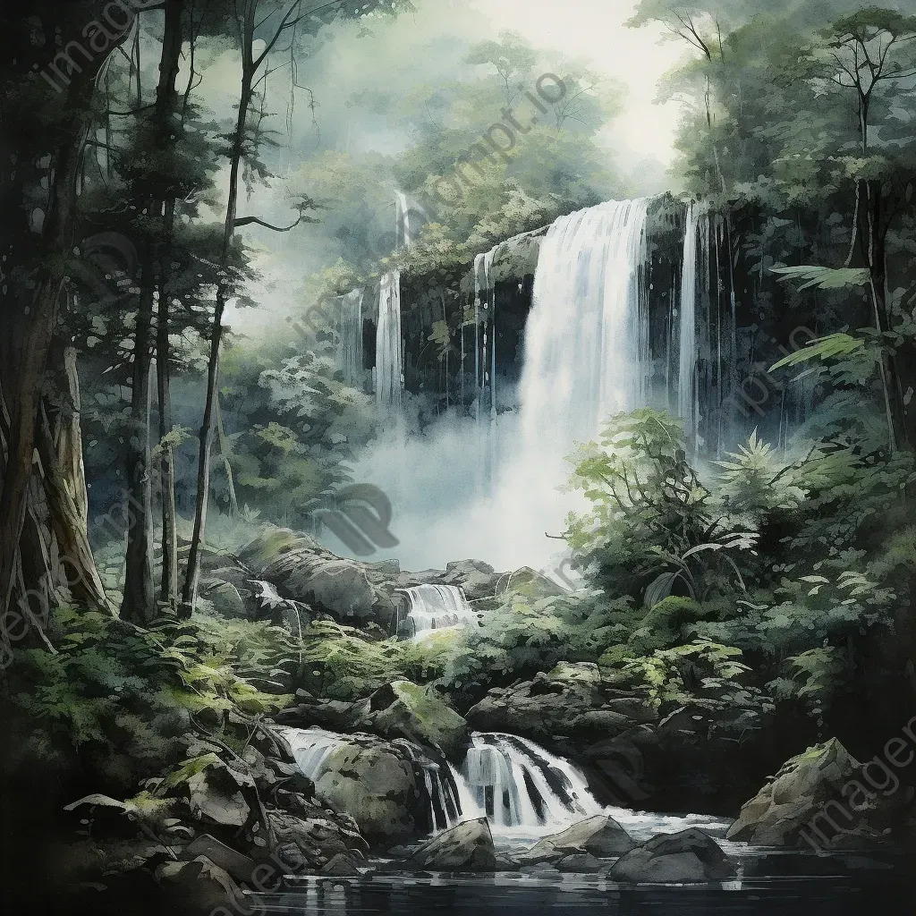 Lush forest waterfall sketched using crushed rock dust, giving off Romanticism vibes - Image 3