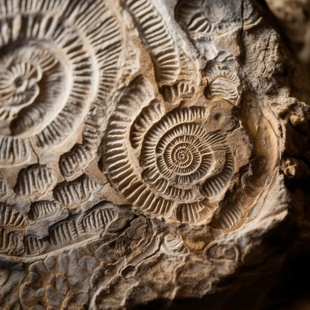 Extreme close-up of intricate patterns on ancient fossil in rock - Image 1