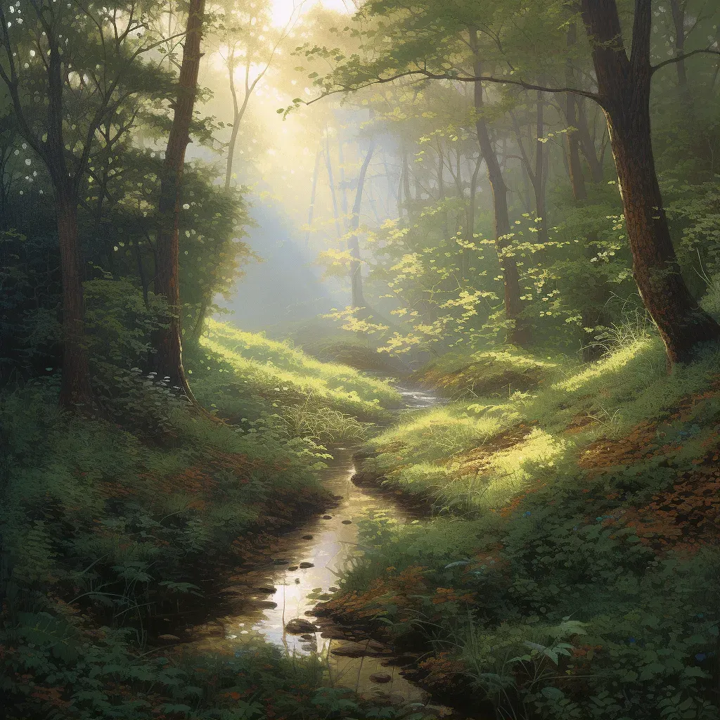 Tranquil morning scene in forest glade with dew-kissed leaves and flowing brook - Image 1