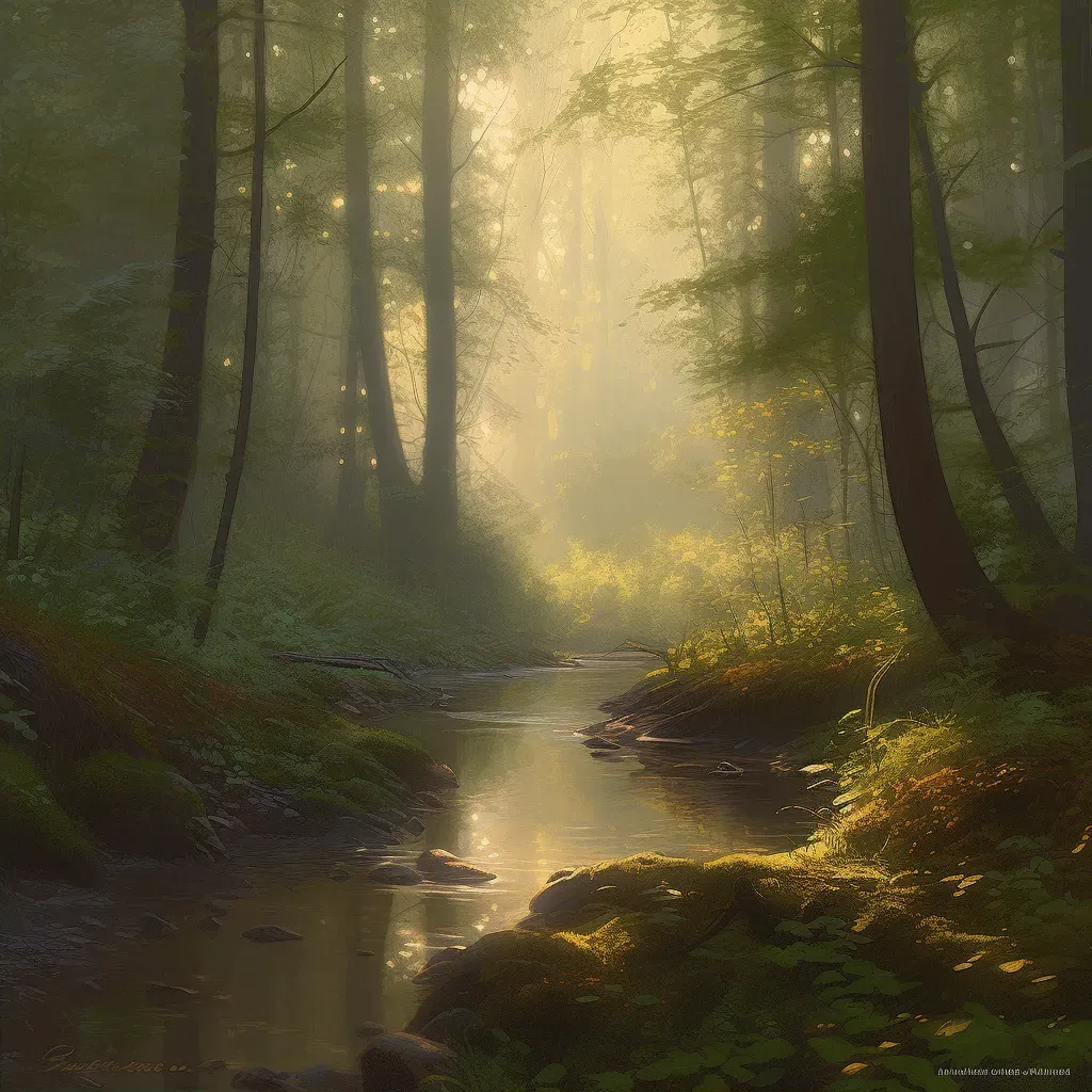 Tranquil morning scene in forest glade with dew-kissed leaves and flowing brook - Image 2