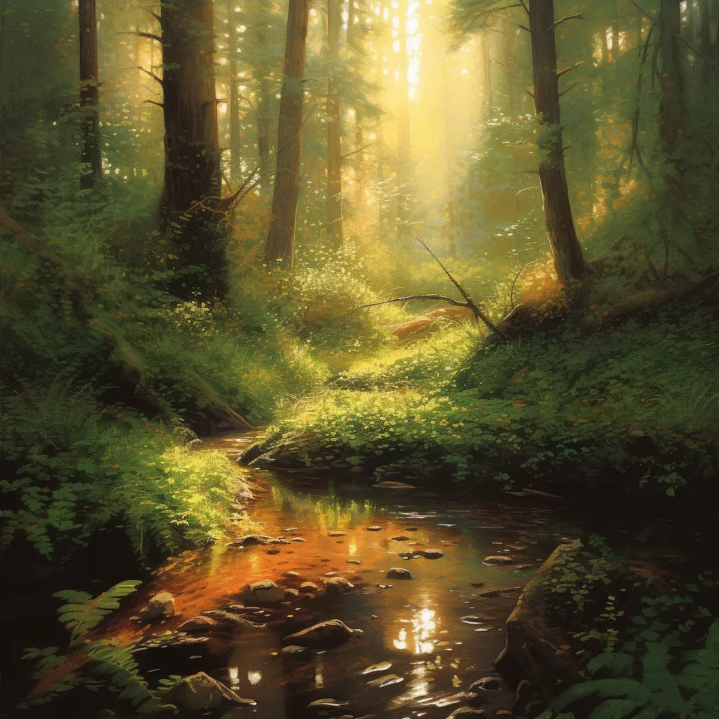 Tranquil morning scene in forest glade with dew-kissed leaves and flowing brook - Image 3