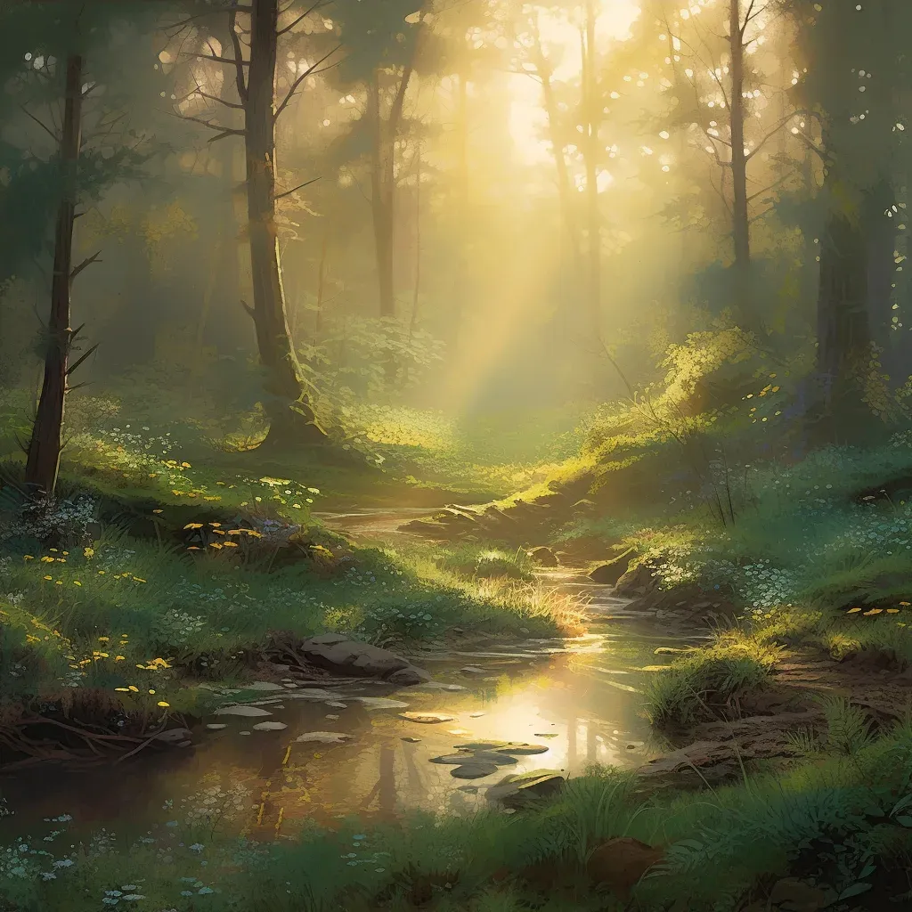 Tranquil morning scene in forest glade with dew-kissed leaves and flowing brook - Image 4