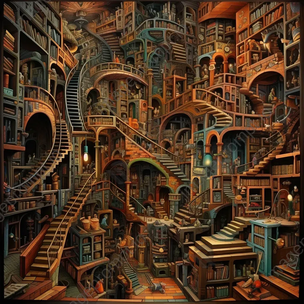 Colorful labyrinthine library with towering bookshelves containing hidden clues - Image 1