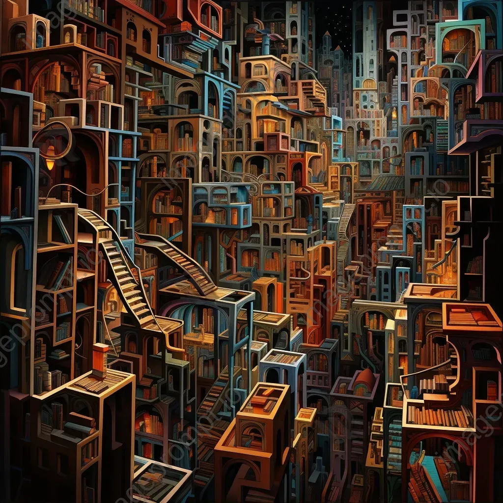 Colorful labyrinthine library with towering bookshelves containing hidden clues - Image 2