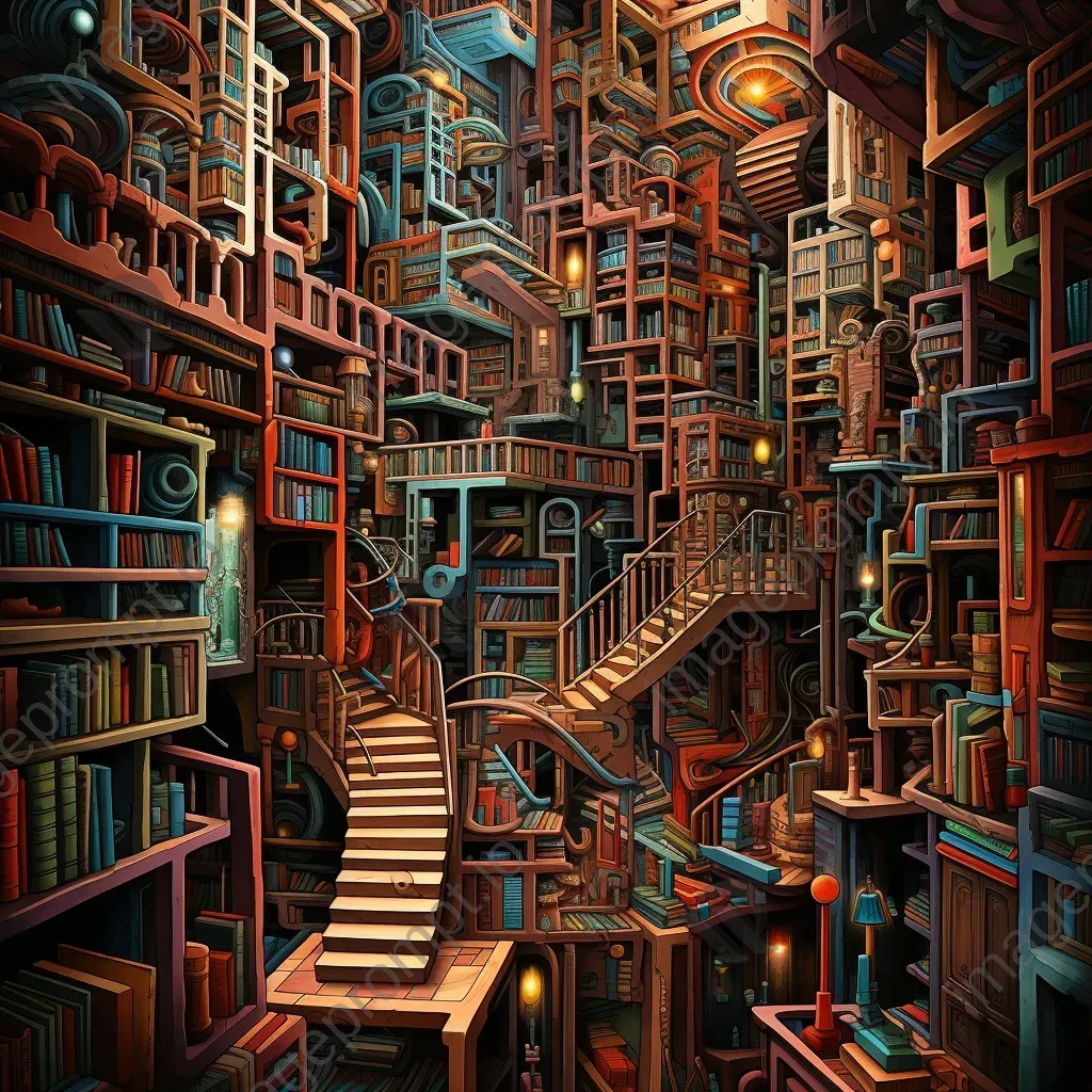 Colorful labyrinthine library with towering bookshelves containing hidden clues - Image 3