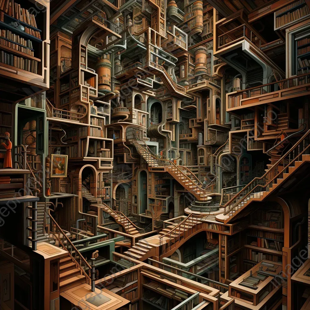 Colorful labyrinthine library with towering bookshelves containing hidden clues - Image 4