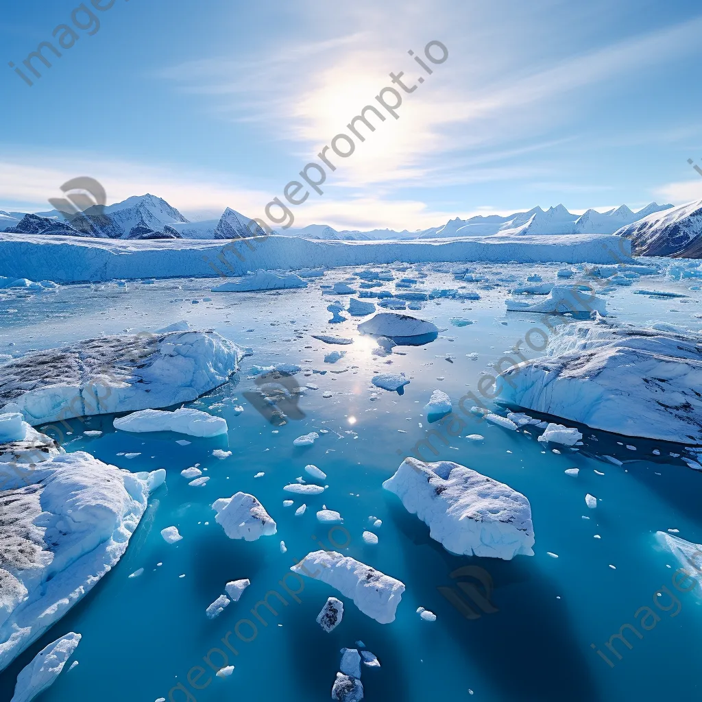 Aerial view of a glacier with icebergs in a serene blue sea - Image 1