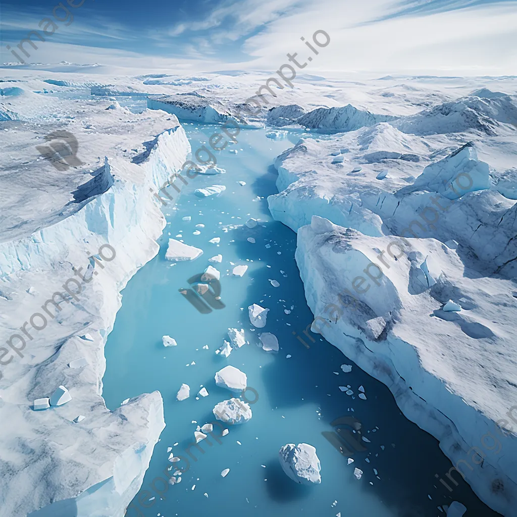 Aerial view of a glacier with icebergs in a serene blue sea - Image 2