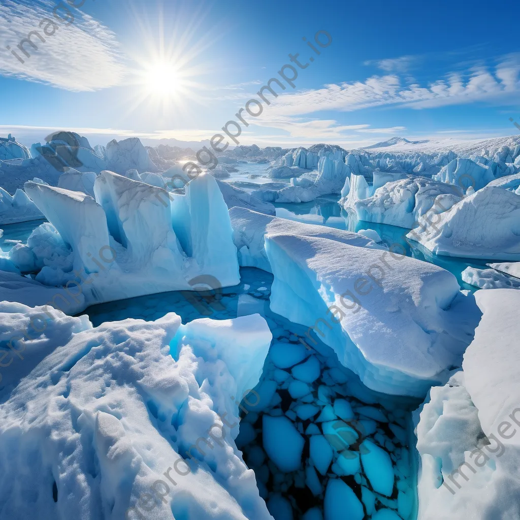 Aerial view of a glacier with icebergs in a serene blue sea - Image 3