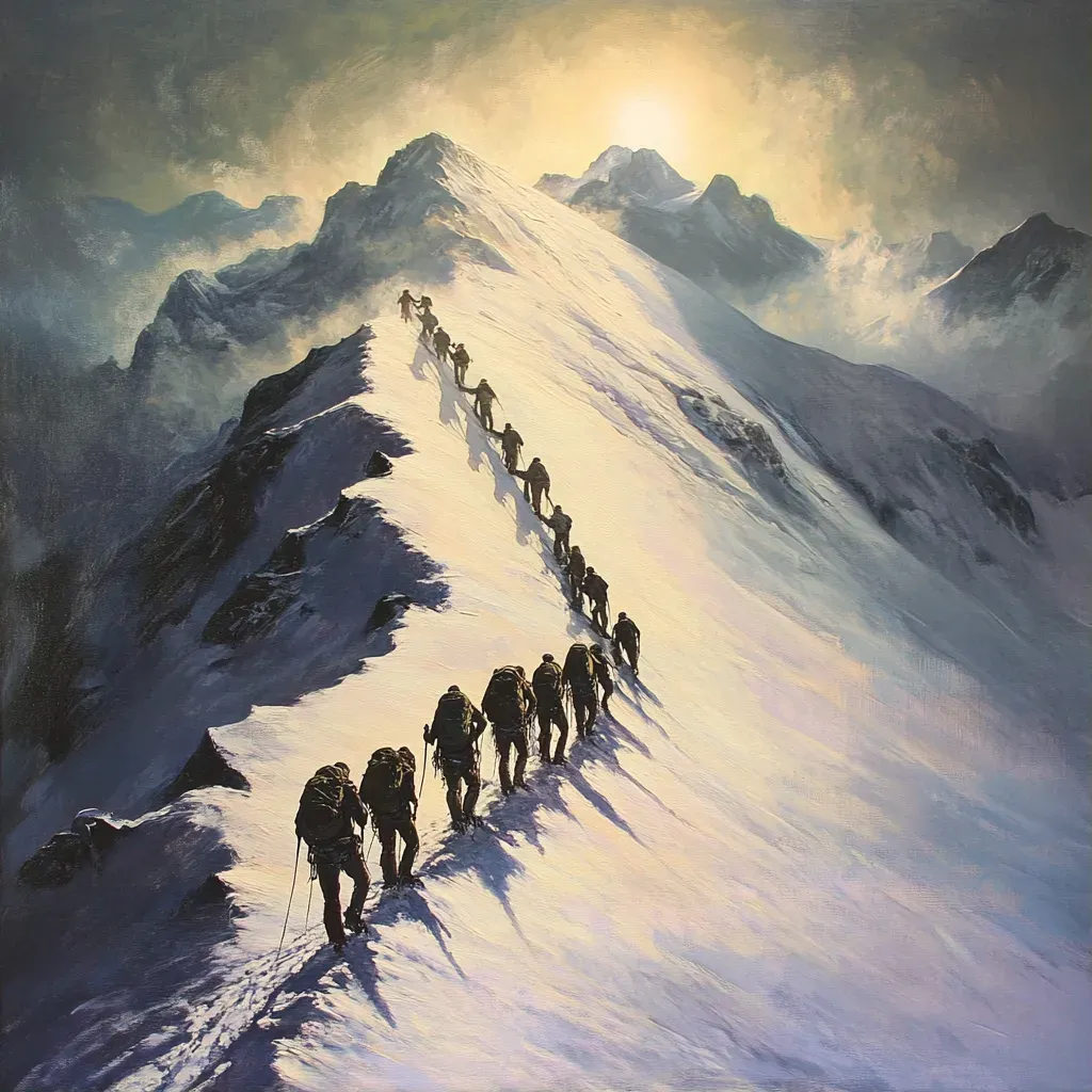 Grand romantic style painting of climbers reaching the summit against winter light - Image 1