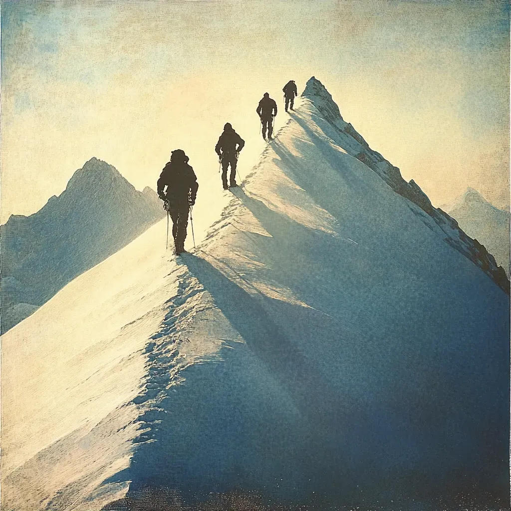 Grand romantic style painting of climbers reaching the summit against winter light - Image 3