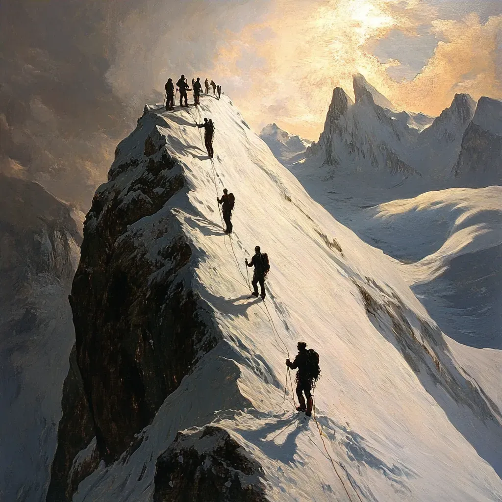 Grand romantic style painting of climbers reaching the summit against winter light - Image 4