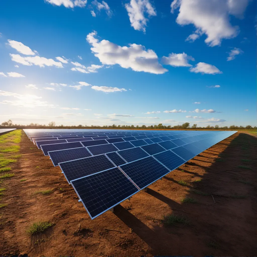 Solar energy farm with photovoltaic panels under sunlight - Image 1