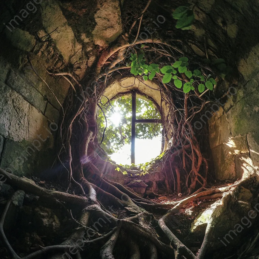 Abandoned root cellar with vines and sunlight. - Image 1