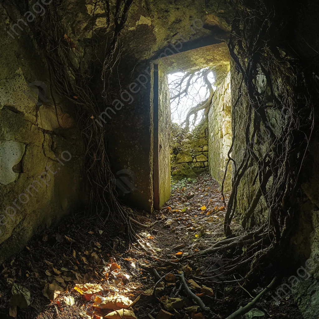 Abandoned root cellar with vines and sunlight. - Image 2