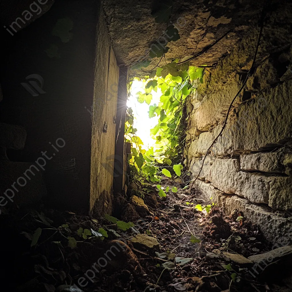 Abandoned root cellar with vines and sunlight. - Image 3