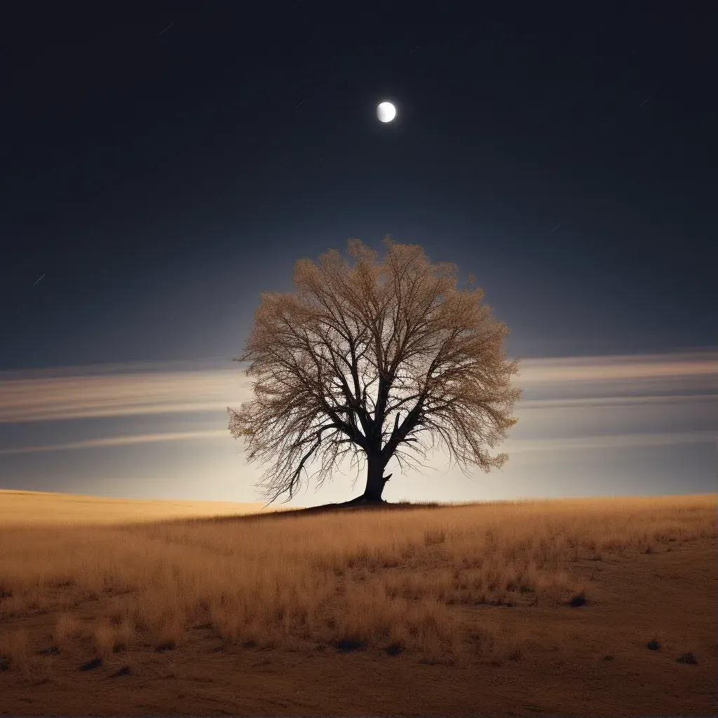 Moonlit meadow with lone tree under full moon - Image 1