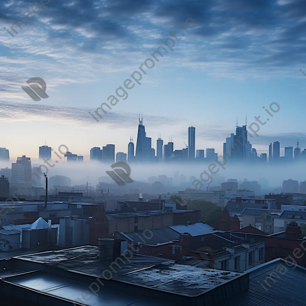 Rooftop view of a city skyline covered in morning fog - Image 1