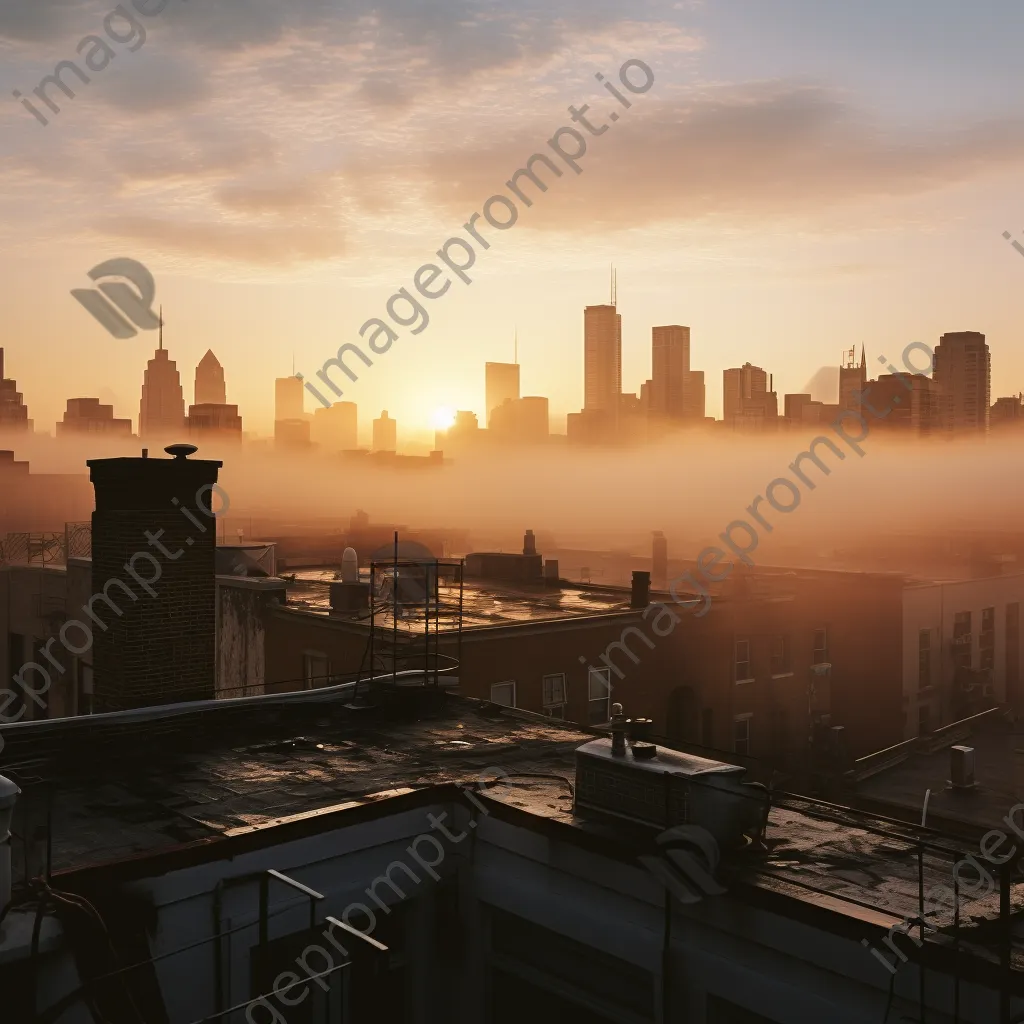 Rooftop view of a city skyline covered in morning fog - Image 2