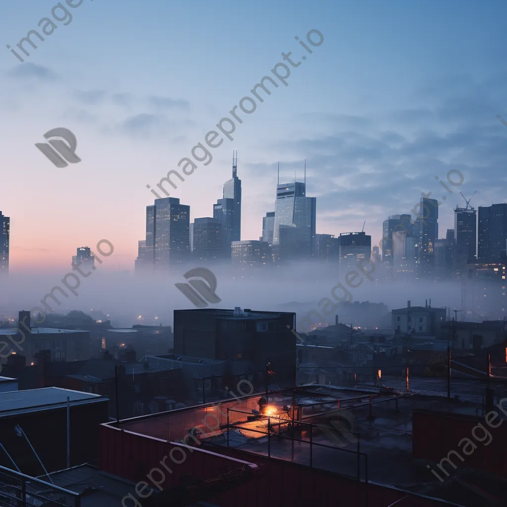 Rooftop view of a city skyline covered in morning fog - Image 4