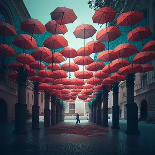 Temporary public art installation in a city square made of suspended umbrellas or swings inviting participation - Image 3