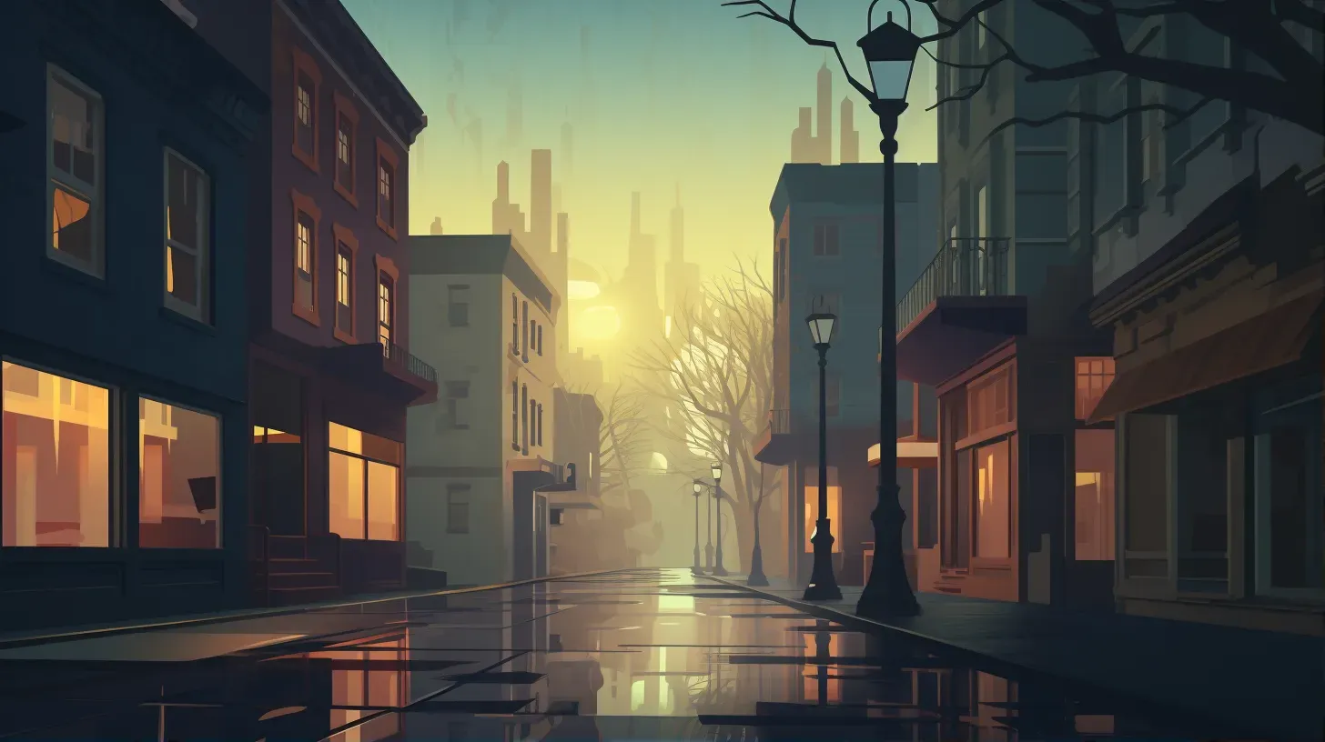 Low poly scene of a quiet, rainy suburban street at dusk, under warm street lights - Image 1