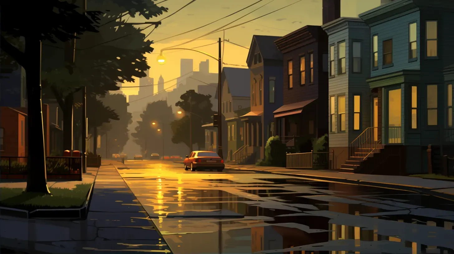 Low poly scene of a quiet, rainy suburban street at dusk, under warm street lights - Image 2