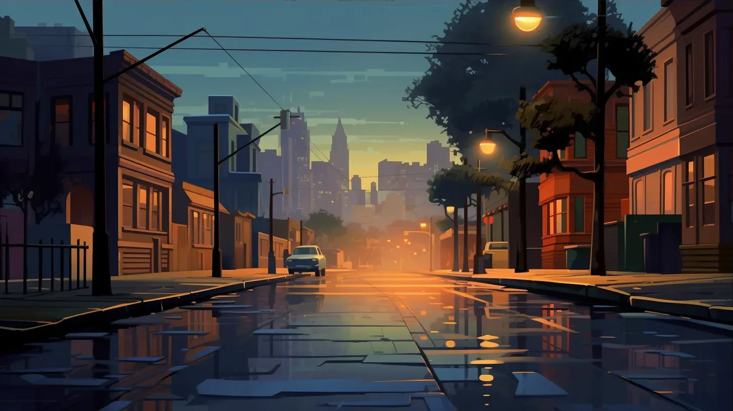 Low poly scene of a quiet, rainy suburban street at dusk, under warm street lights - Image 3