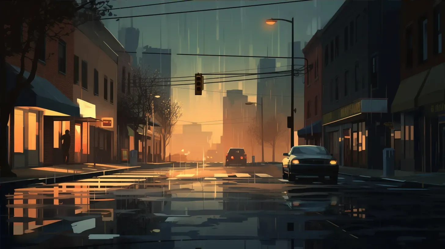 Low poly scene of a quiet, rainy suburban street at dusk, under warm street lights - Image 4