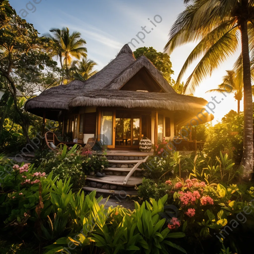 Thatched roof bungalow in tropical surroundings at sunset - Image 2