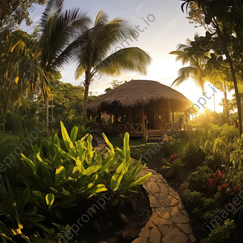 Thatched roof bungalow in tropical surroundings at sunset - Image 3