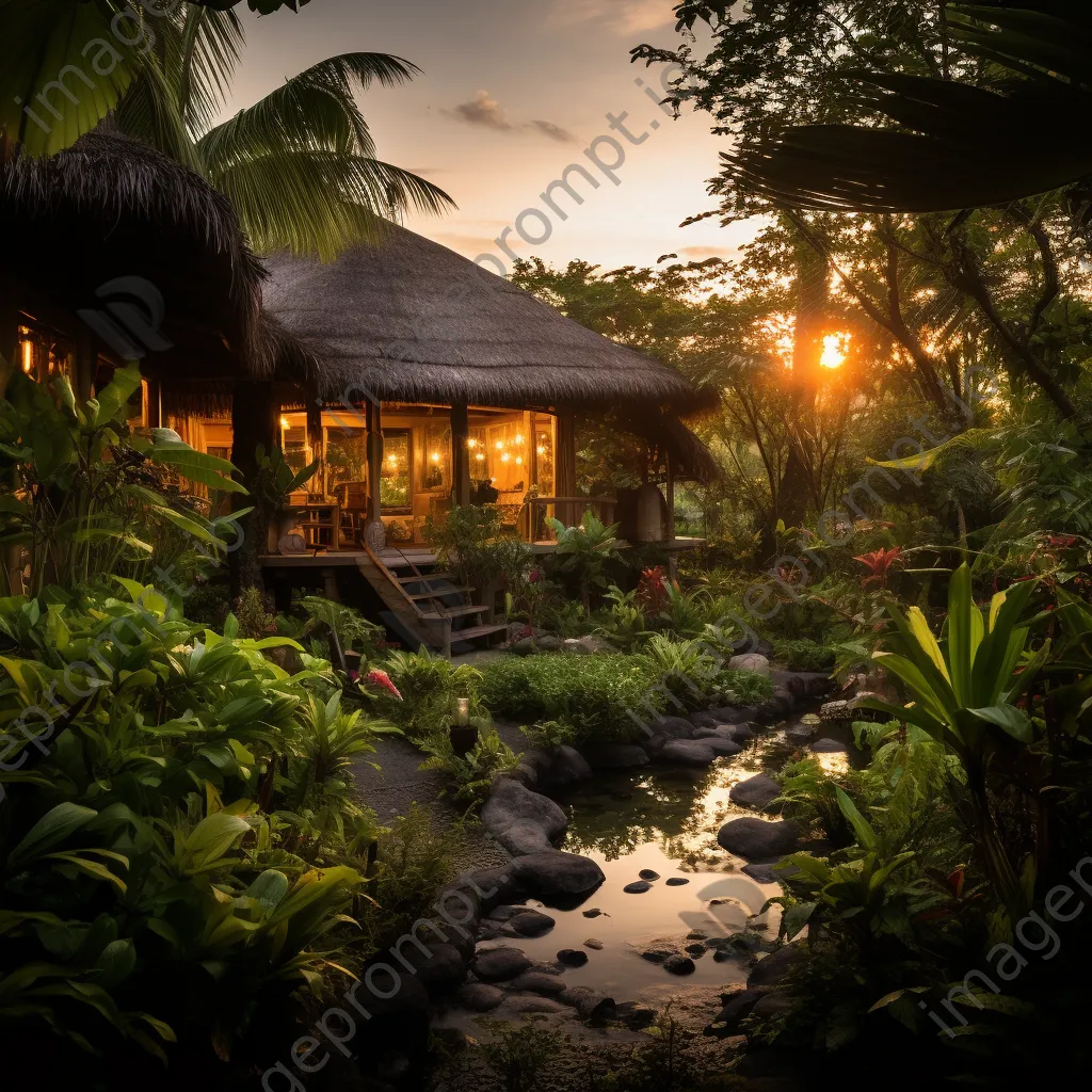 Thatched roof bungalow in tropical surroundings at sunset - Image 4