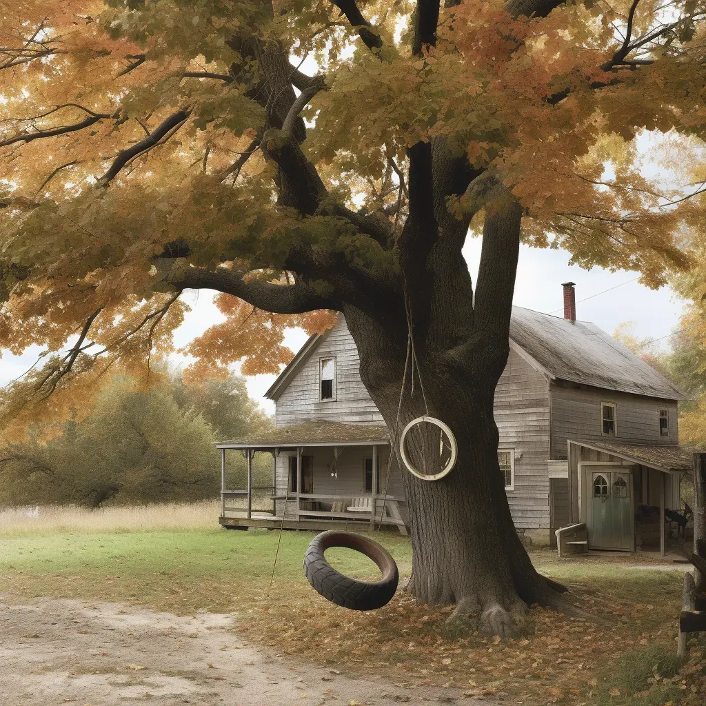 Rustic countryside home with tire swing and autumn leaves - Image 1