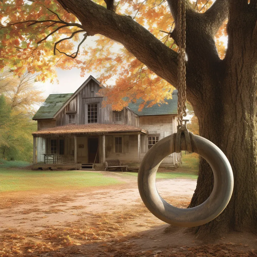 Rustic countryside home with tire swing and autumn leaves - Image 4