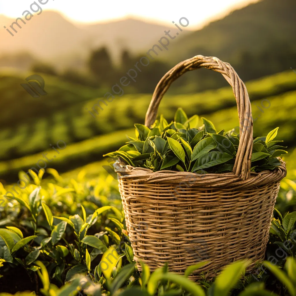 Close-up of antique tea plucking basket with fresh leaves - Image 1