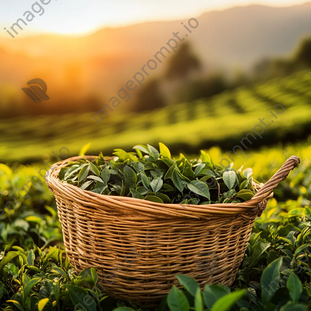 Close-up of antique tea plucking basket with fresh leaves - Image 2