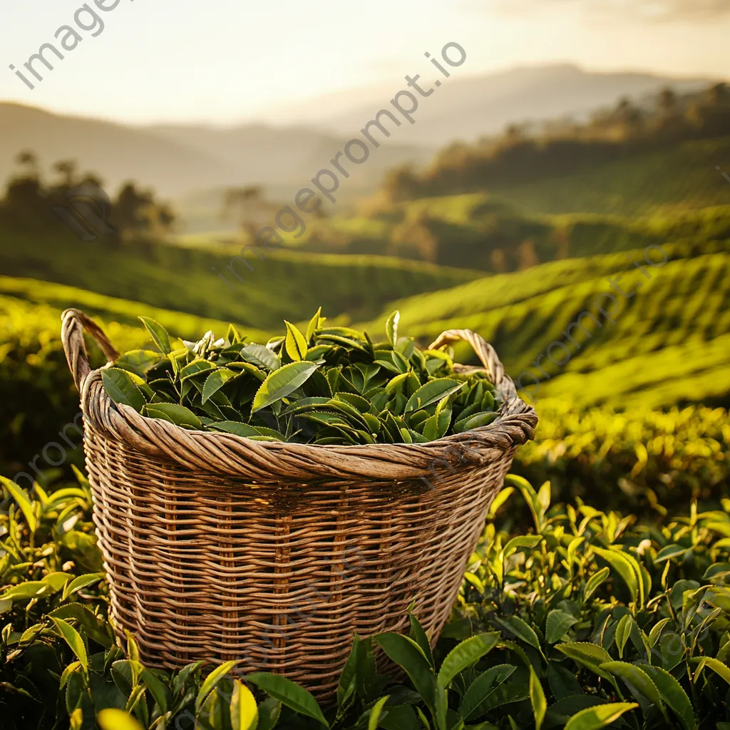 Close-up of antique tea plucking basket with fresh leaves - Image 3