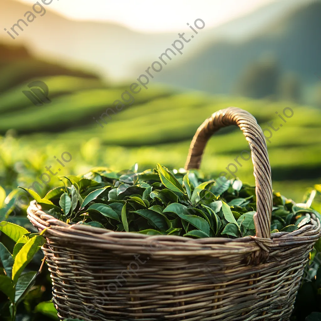 Close-up of antique tea plucking basket with fresh leaves - Image 4