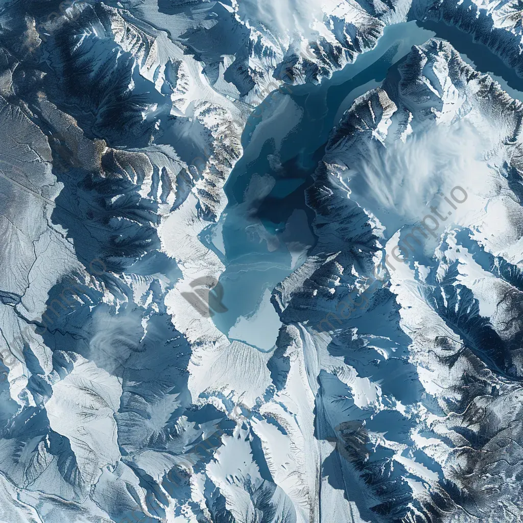 High-resolution satellite image of a snow-covered mountain range with glaciers, alpine forests, and icy lakes. - Image 1