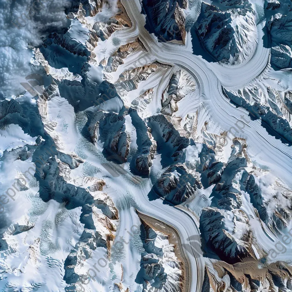 High-resolution satellite image of a snow-covered mountain range with glaciers, alpine forests, and icy lakes. - Image 3