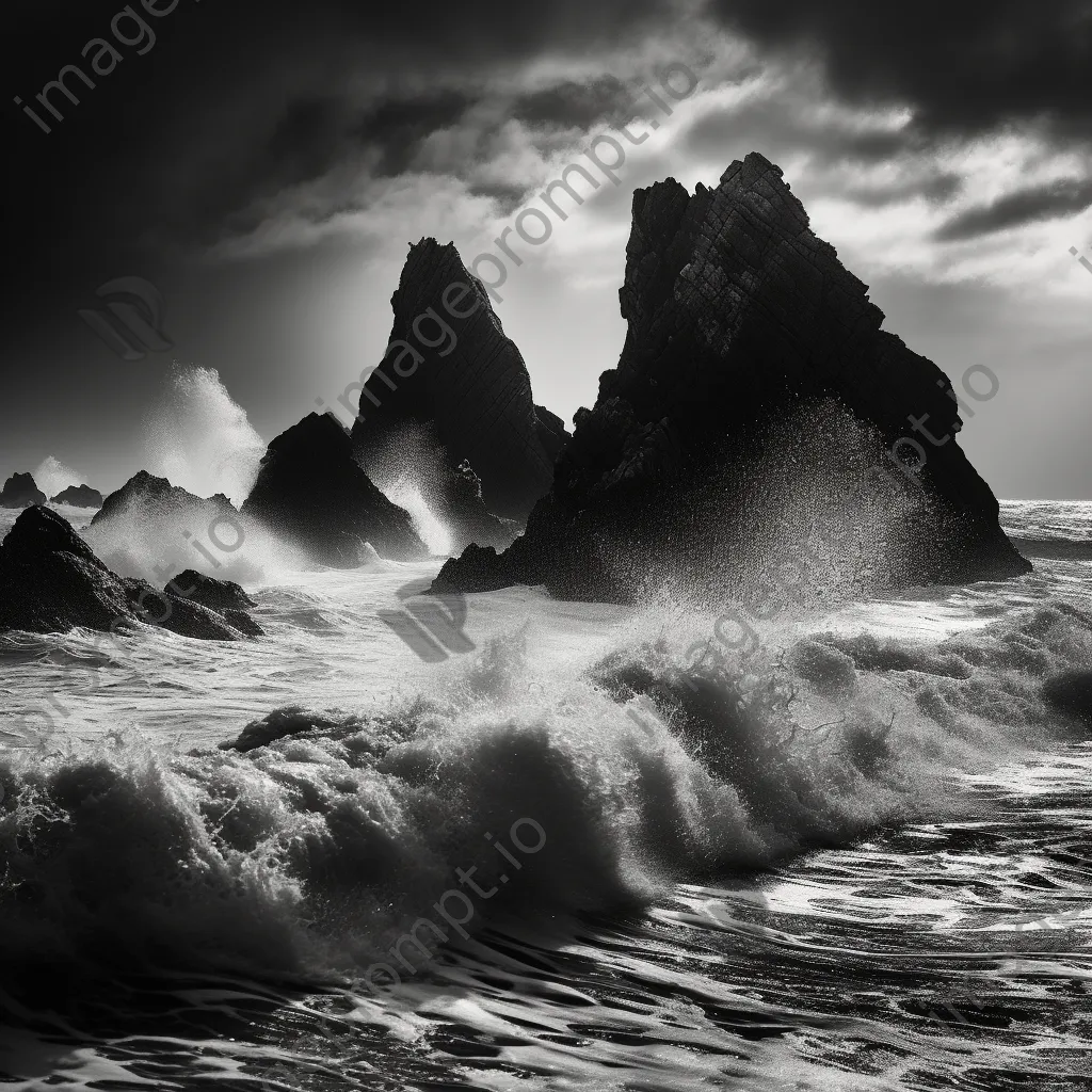 Waves crashing against coastal sea stacks in black and white - Image 1